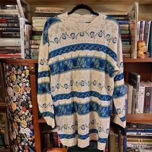 Vintage blue, green, and white striped sweater.